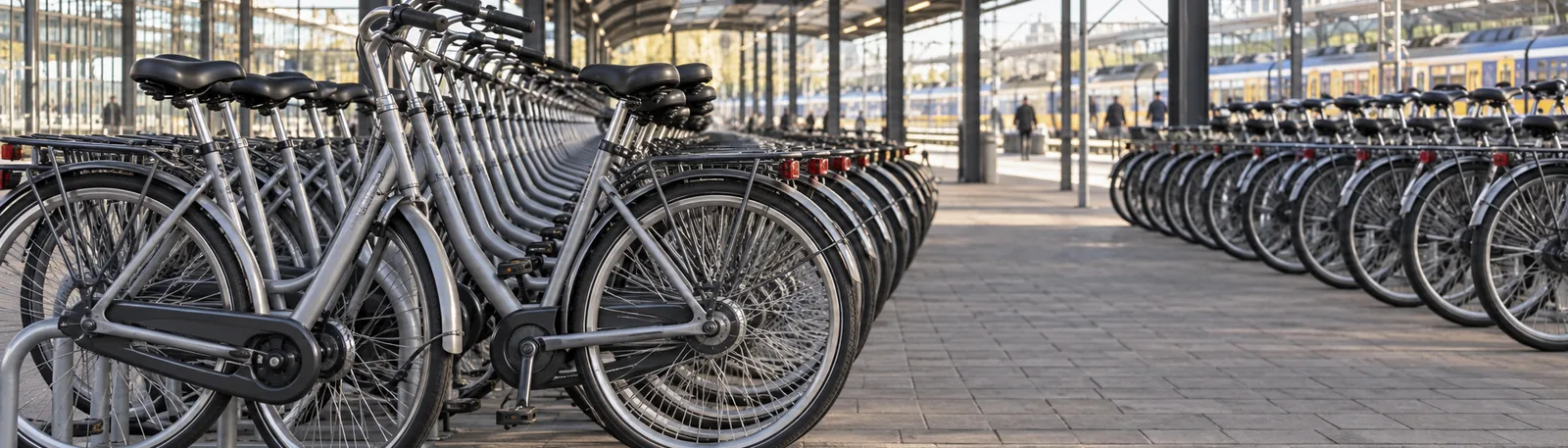 Rijen gestalde OV-fietsen bij een Nederlands treinstation