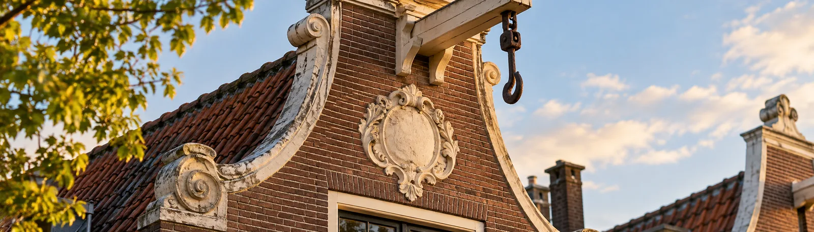 Close-up van een bakstenen trapgevel met een hijsbalk boven een Nederlandse gracht