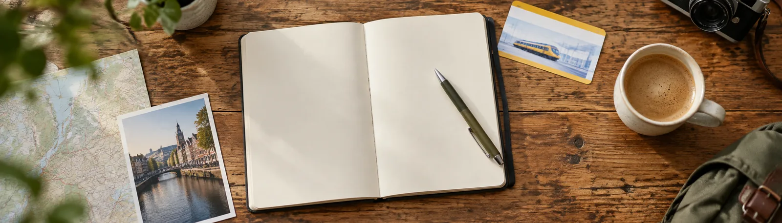 Een opengeslagen reisplanner en treinkaartje op een houten tafel
