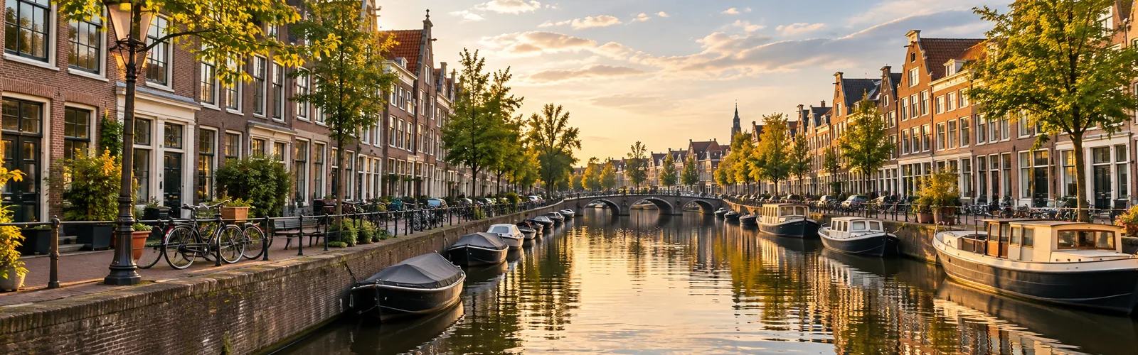 Een Nederlandse grachtenstraat met bakstenen trapgevels aan weerszijden van het water